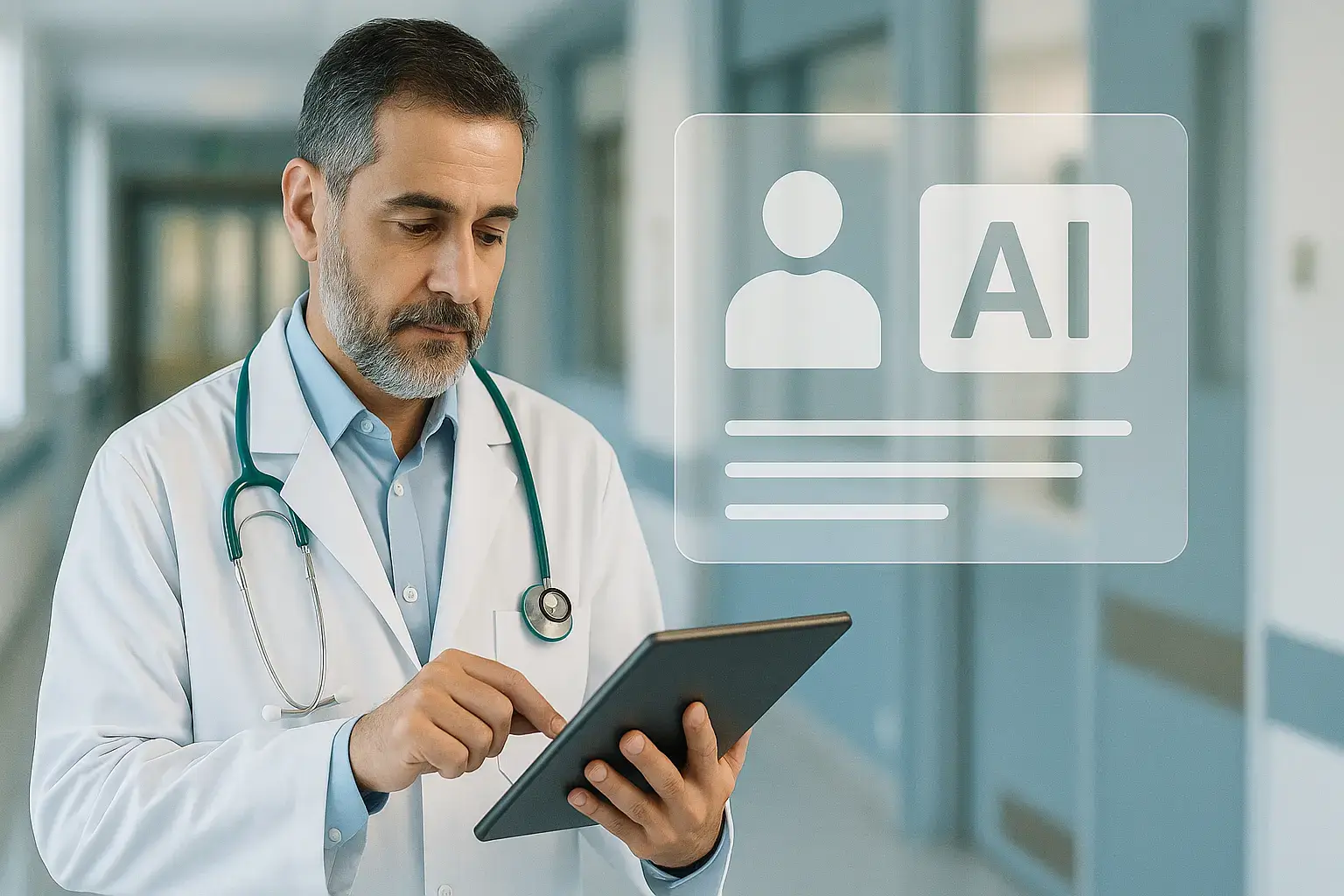 یک پزشک در بیمارستانی در ایران با استفاده از تبلت در حال بررسی نتایج تحلیل‌شده توسط یک دستیار هوش مصنوعی