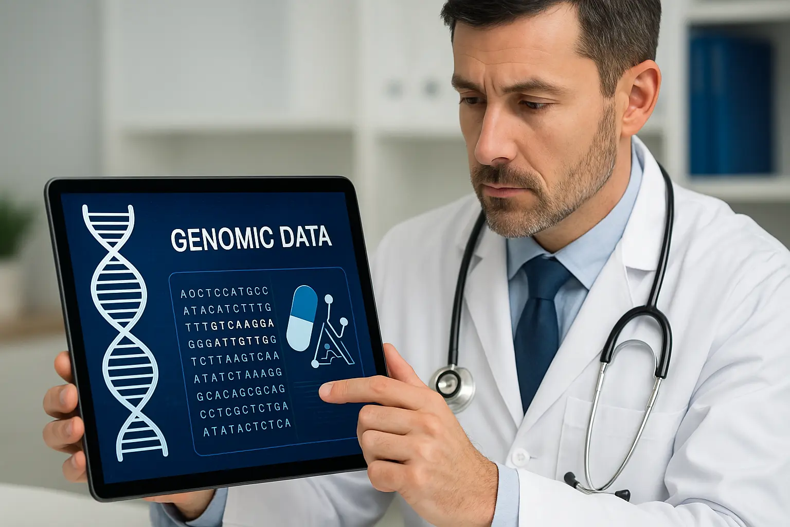 یک پزشک در حال بررسی دادههای ژنومیک یک بیمار بر روی تبلت برای تجویز داروی مبتنی بر هوش مصنوعی در پزشکی دقیق