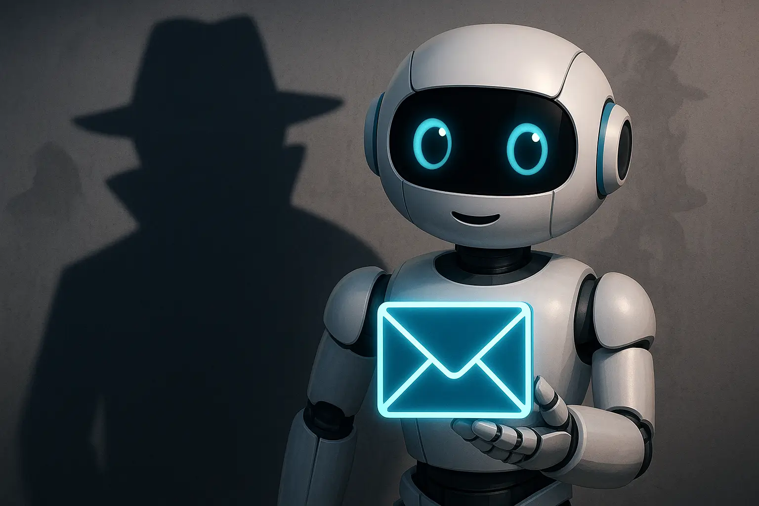 نماد مهندسی اجتماعی با هوش مصنوعی: رباتی با ظاهر دوستانه و سایهای تهدیدآمیز که نماد فریب است