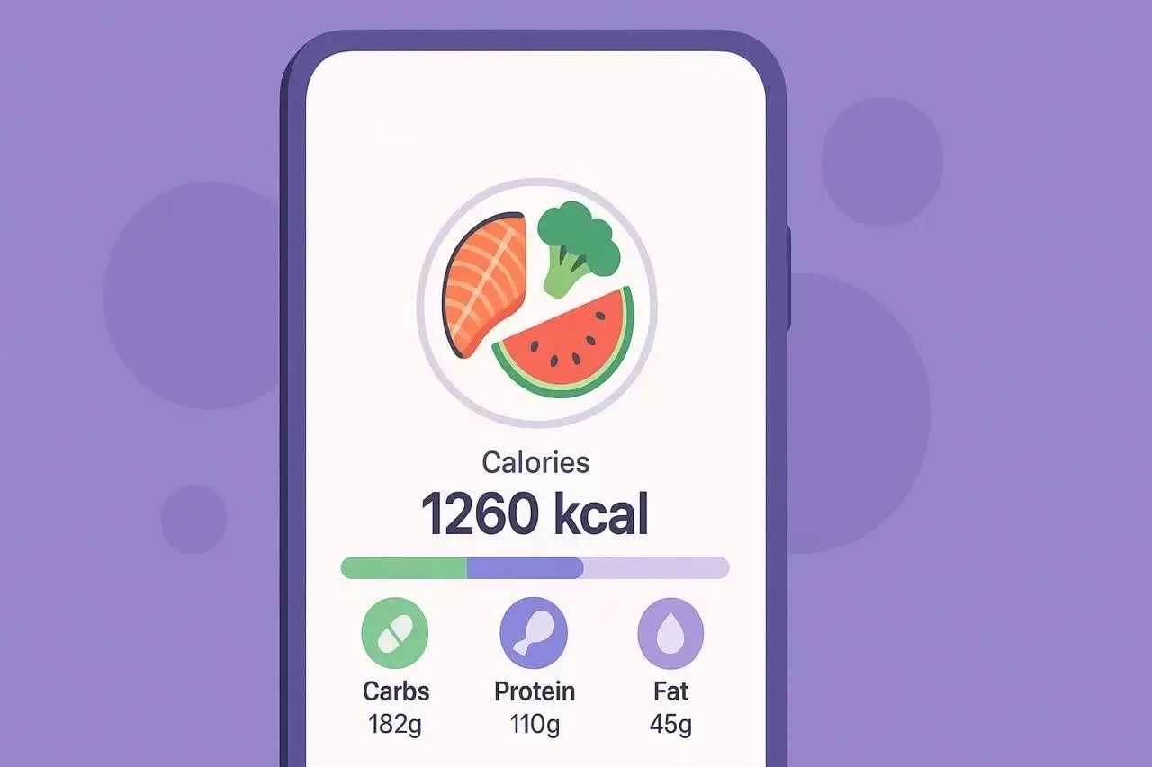 طراحی مفهومی از اپلیکیشن رژیم غذایی مبتنی بر هوش مصنوعی که ترکیبی از تحلیل داده‌های تغذیه‌ای و سلامت فردی را نمایش می‌ده