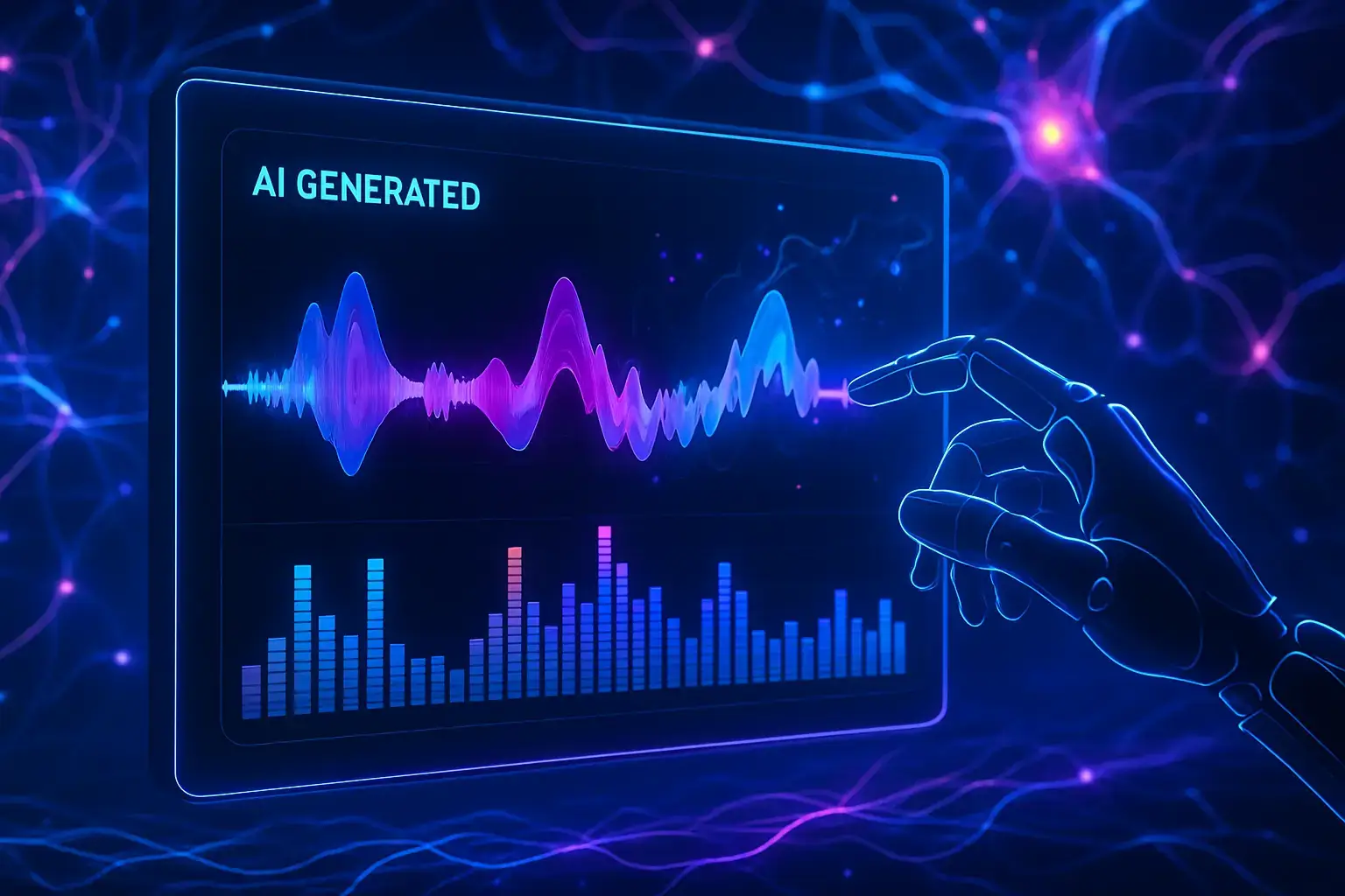 نمایش امواج صوتی دیجیتال بر روی یک نمایشگر که توسط هوش مصنوعی در حال تولید است.