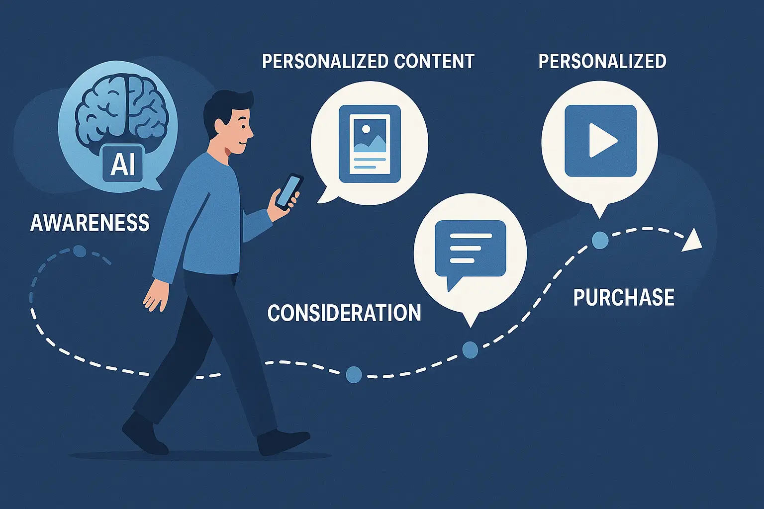 نمایش سفر مشتری (Customer Journey) که در هر مرحله، هوش مصنوعی محتوای شخصیسازیشده به کاربر ارائه میدهد