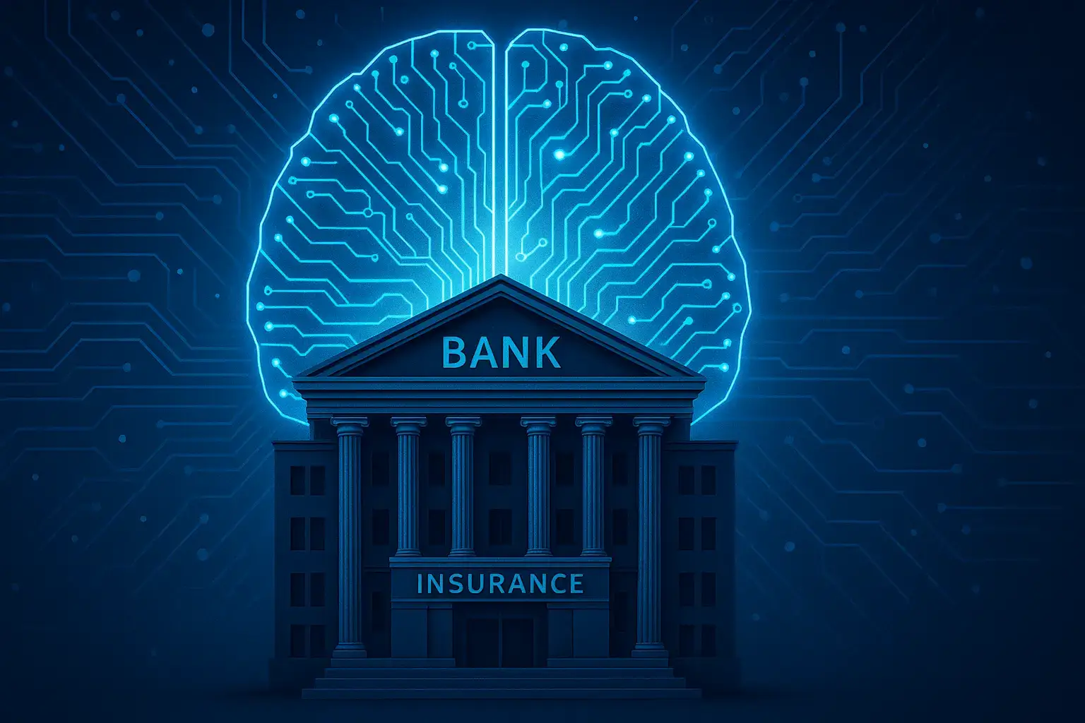 گرافیک مفهومی از مغز دیجیتال بر روی ساختمان بانک و بیمه