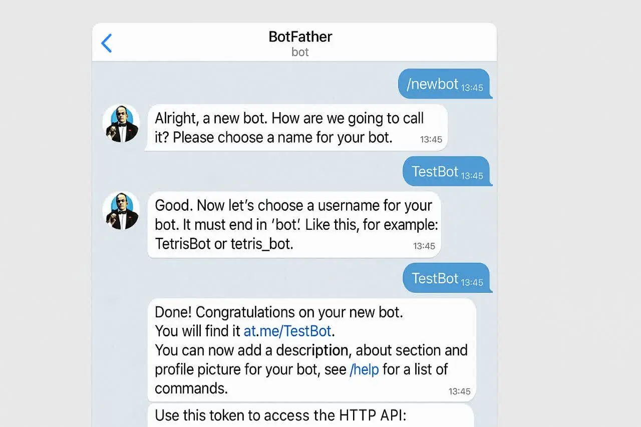 نمایی از رابط BotFather هنگام ساخت ربات جدید در تلگرام و دریافت توکن API