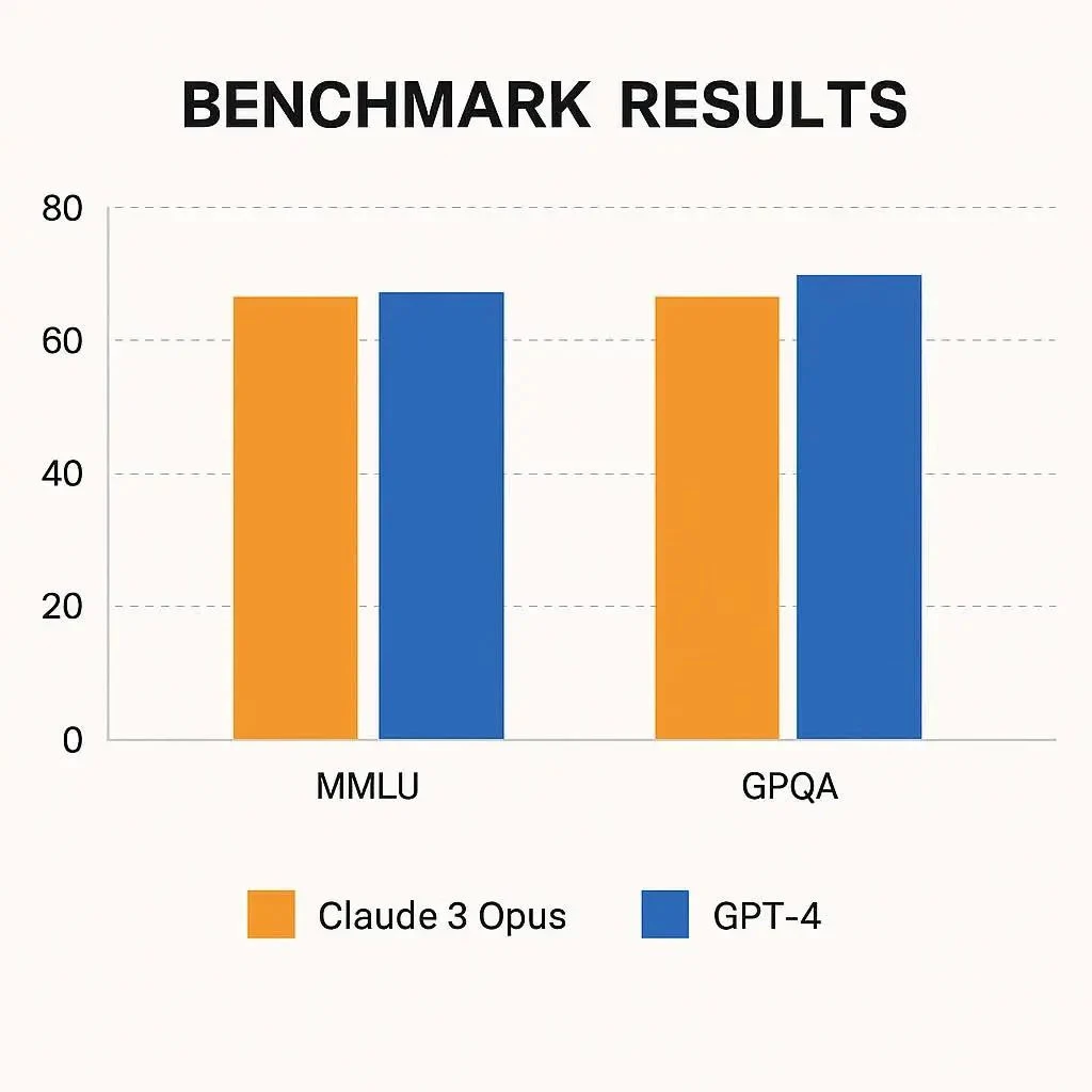 نمودار مقایسه عملکرد Claude 3 Opus و GPT-4 در بنچمارکهای هوش مصنوعی
