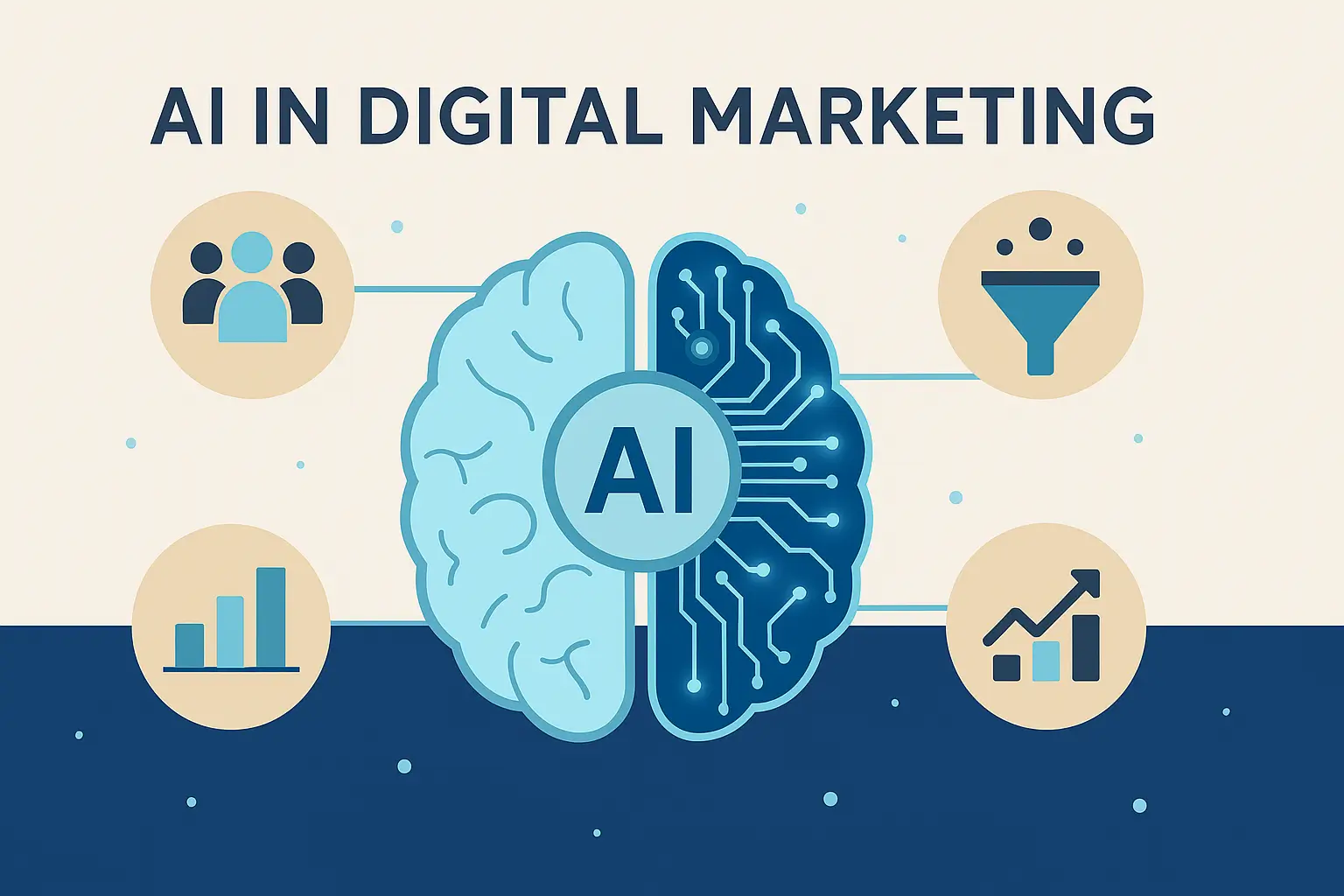 اینفوگرافیک هوش مصنوعی در بازاریابی دیجیتال که مغز انسان با شبکه‌های عصبی دیجیتال ترکیب شده