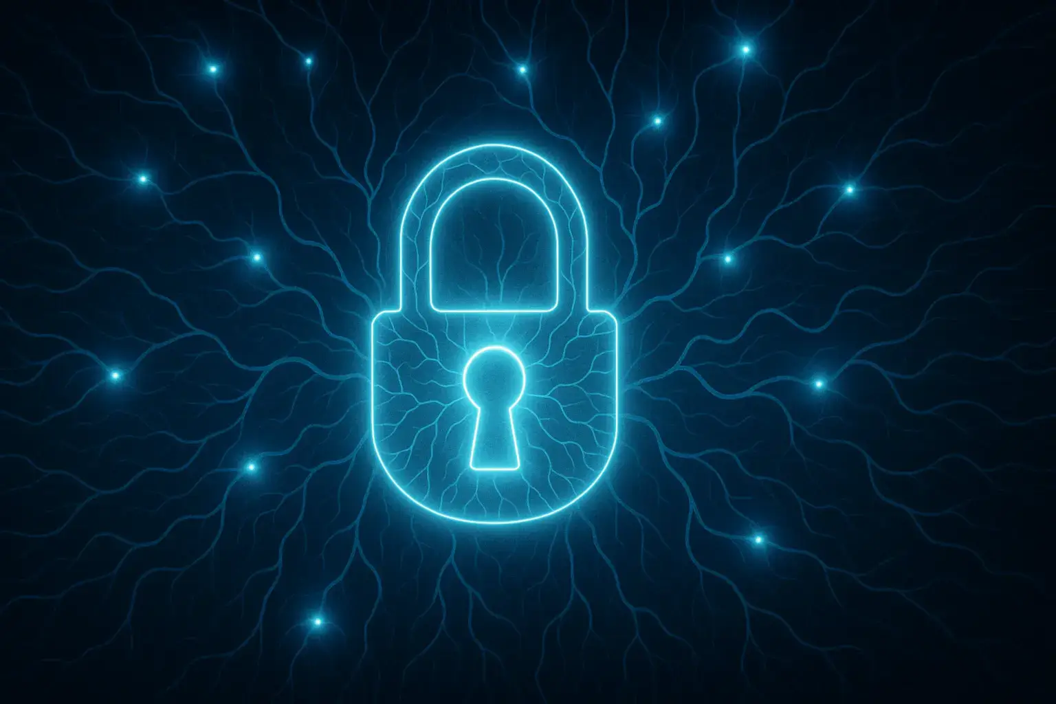 تصویری مفهومی از یک قفل دیجیتال درخشان که توسط یک شبکه عصبی هوش مصنوعی محافظت می‌شود.
