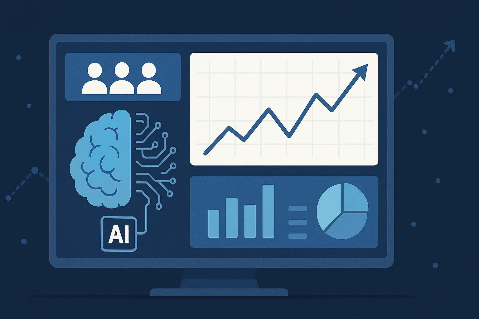 داشبورد تحلیلی که الگوریتمهای هوش مصنوعی در حال پردازش دادههای مشتریان و پیشبینی روندهای فروش هستند