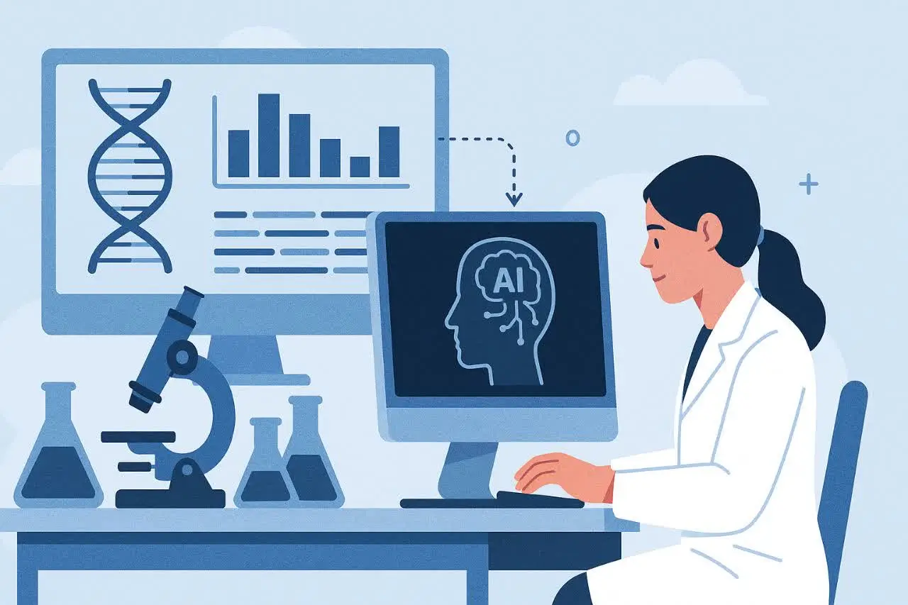 نمای شماتیک از تحلیل دادههای ژنومی با هوش مصنوعی در محیط آزمایشگاهی