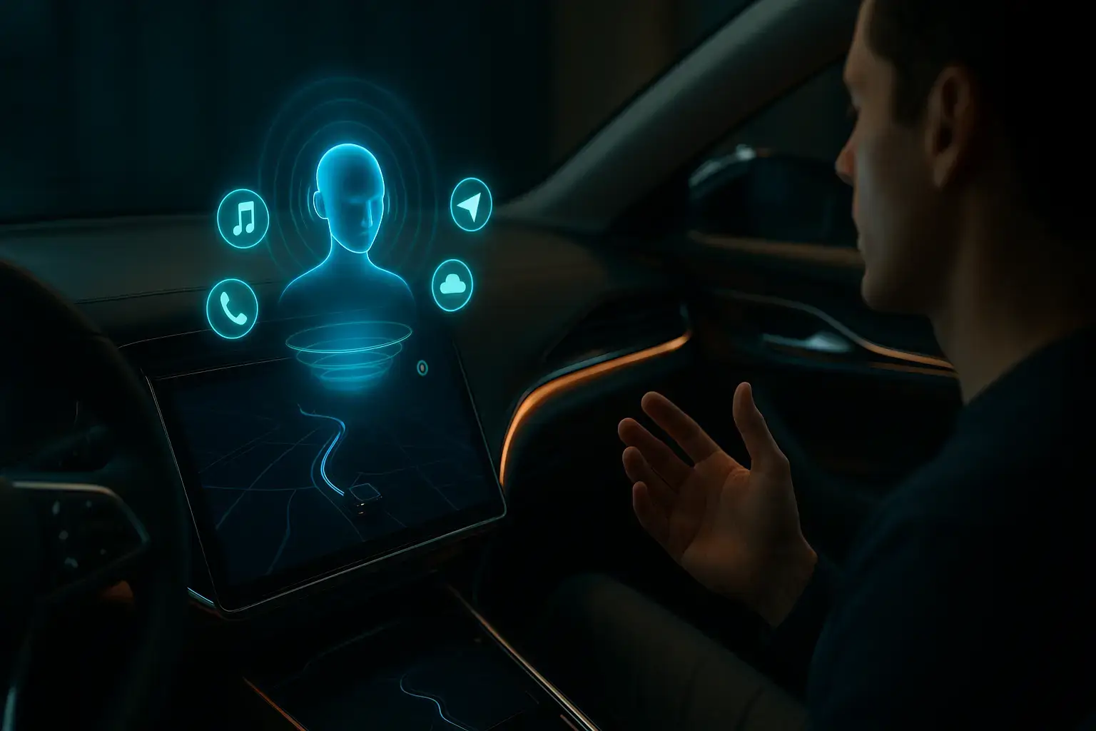 سیستم سرگرمی و اطلاعاتی (Infotainment) یک خودرو که با دستیار صوتی هوش مصنوعی کنترل می‌شود.