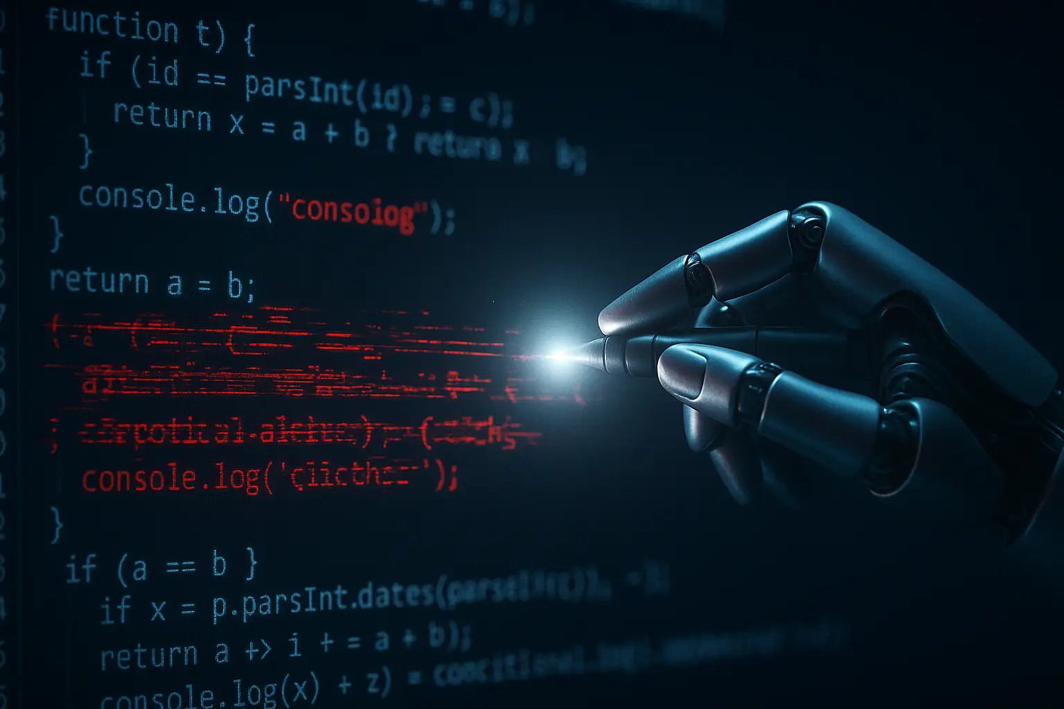 تصویر مفهومی از هوش مصنوعی در حال تولید کدهای مخرب که به صورت کدهای تاریک و ناقص نمایش داده شده است