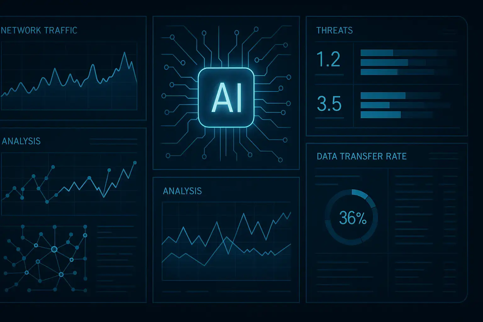 داشبورد یک سیستم امنیتی که در آن هوش مصنوعی در حال تحلیل ترافیک شبکه و شناسایی تهدیدات است.