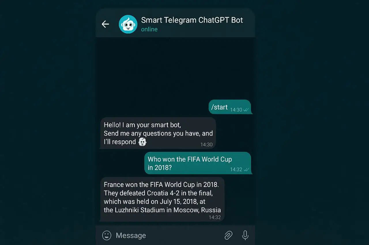 نمایی از گفتوگوی کاربر با ربات تلگرام مبتنی بر ChatGPT در محیط موبایل