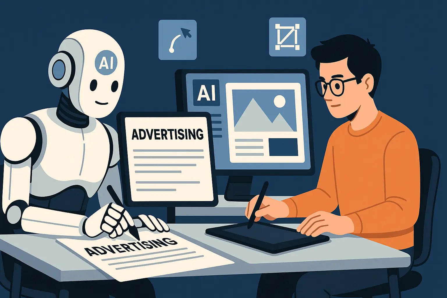 یک ربات هوش مصنوعی در حال نوشتن متن تبلیغاتی در کنار یک طراح گرافیک که با ابزارهای AI-powered کار میکند