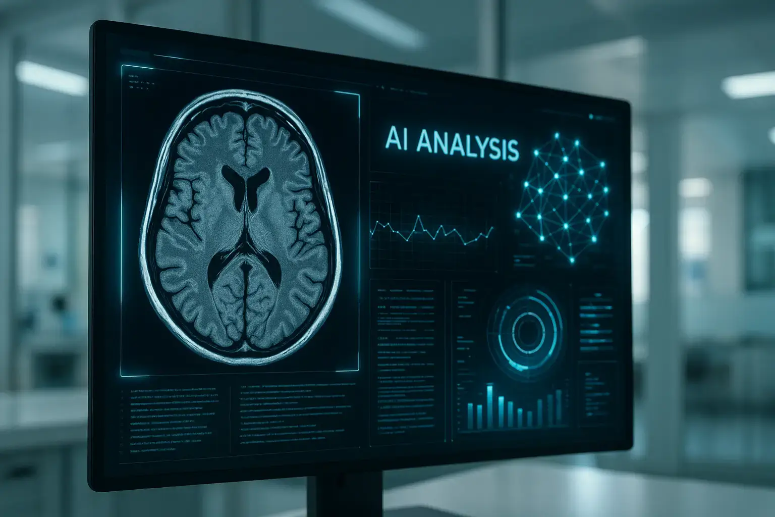 نمایشگر دیجیتال با اسکن پزشکی که توسط هوش مصنوعی تحلیل می‌شود.