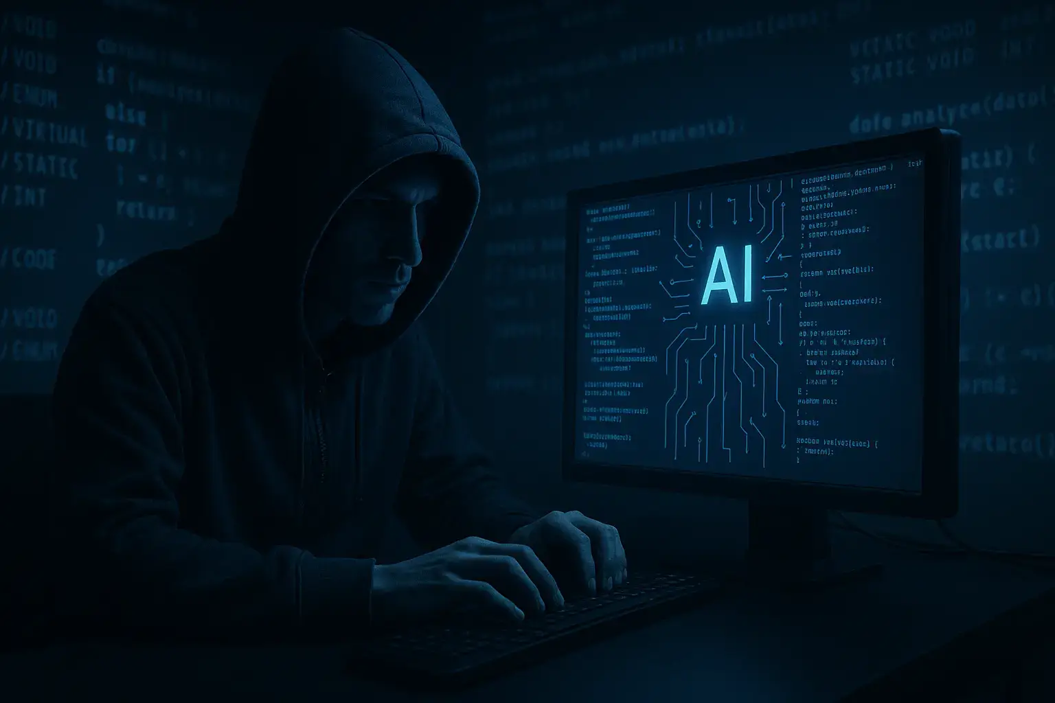 تصویری از یک هکر که در اتاقی تاریک با کدهایی که توسط هوش مصنوعی تولید شده، در حال طراحی یک حمله سایبری است.