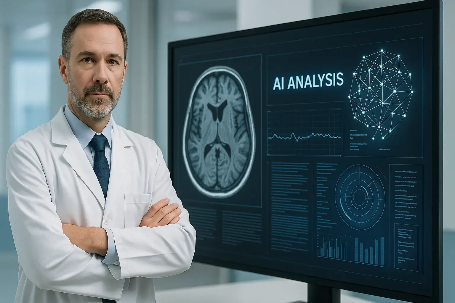  پزشکی که در کنار یک مانیتور بزرگ نتایج تحلیل هوش مصنوعی را بررسی می‌کند.