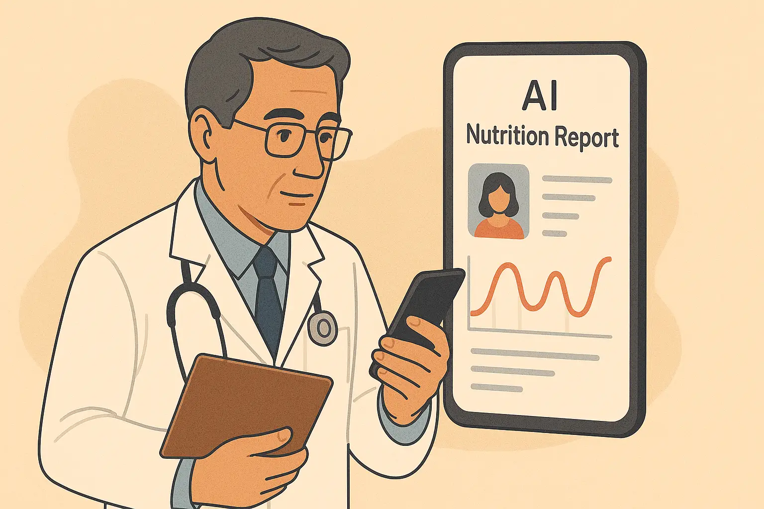 پزشکی که دادههای تغذیهای بیمار را از طریق پلتفرم دیجیتال مبتنی بر هوش مصنوعی تحلیل و ارزیابی میکند