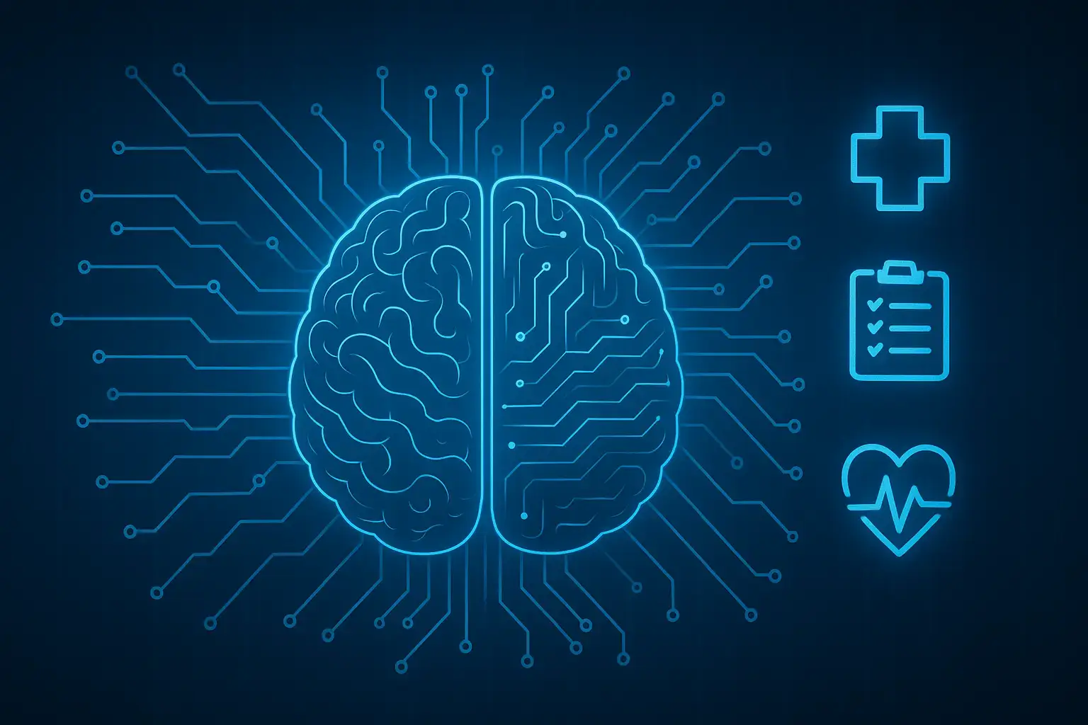نمایی گرافیکی از مغز انسان با مدارهای دیجیتال که نشان‌دهنده تحلیل داده‌های پزشکی با هوش مصنوعی در نظام سلامت ایران است