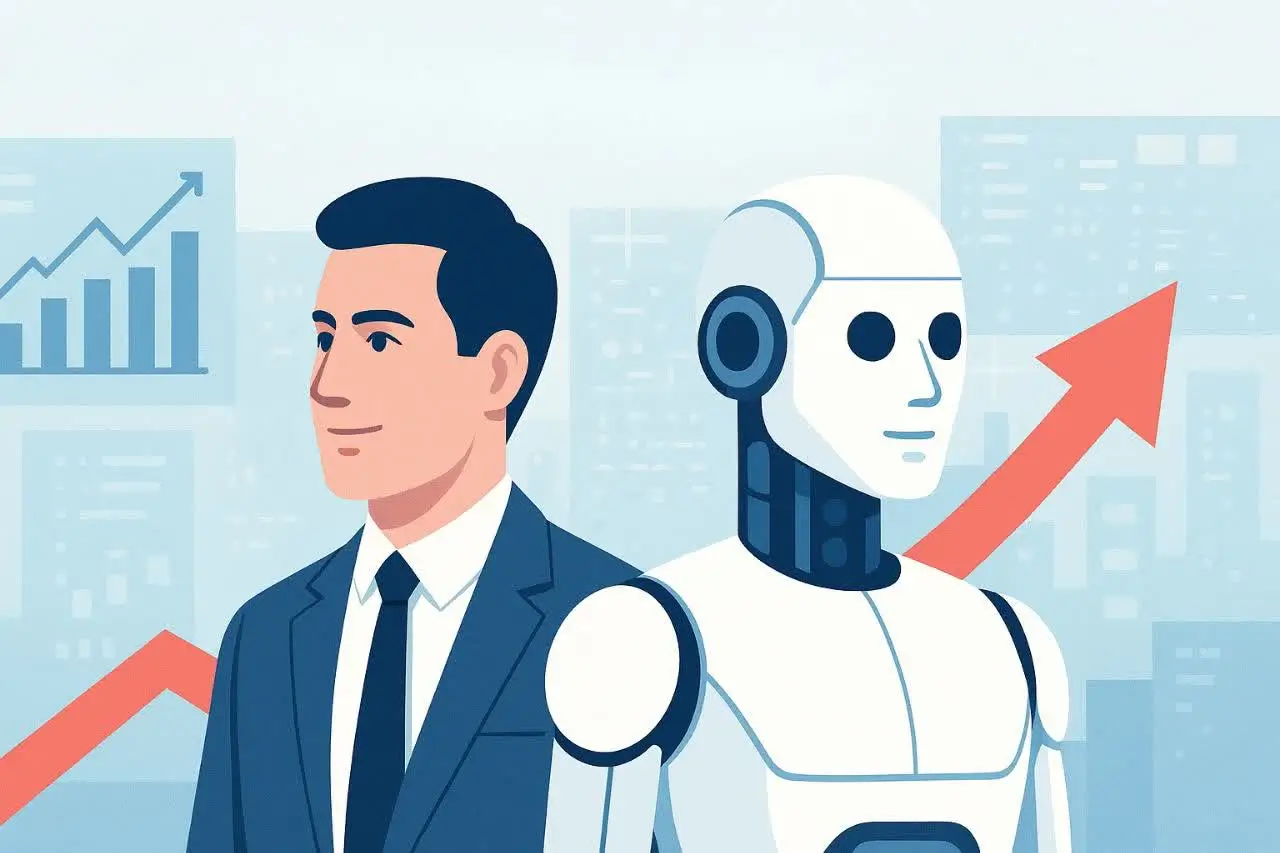 نمایی ترکیبی از انسان و ربات در محیط کاری آینده با نمودارهای رشد و دادههای دیجیتال