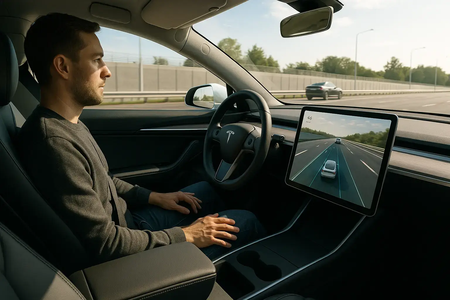  راننده‌ای که دستان خود را از فرمان رها کرده و خودروی تسلا در حالت رانندگی کاملاً خودکار (FSD) حرکت می‌کند.