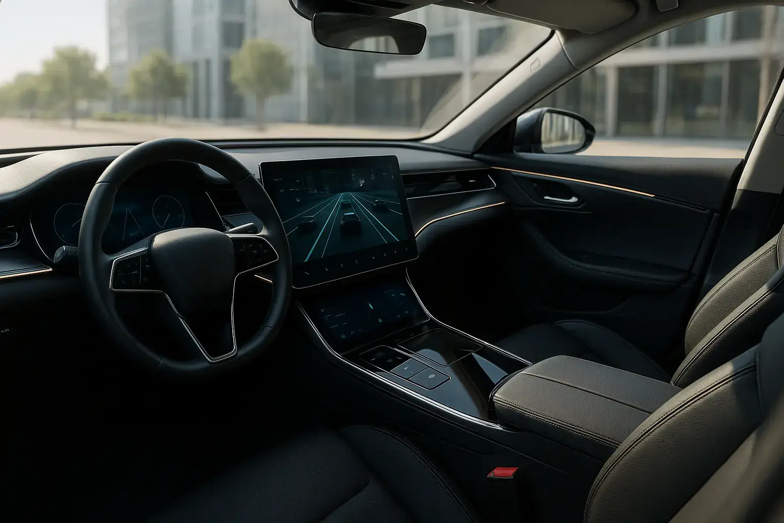 نمای داخلی یک خودروی مدرن با نمایشگرهای دیجیتال که نقشه مسیر رانندگی خودران را نشان میدهد.