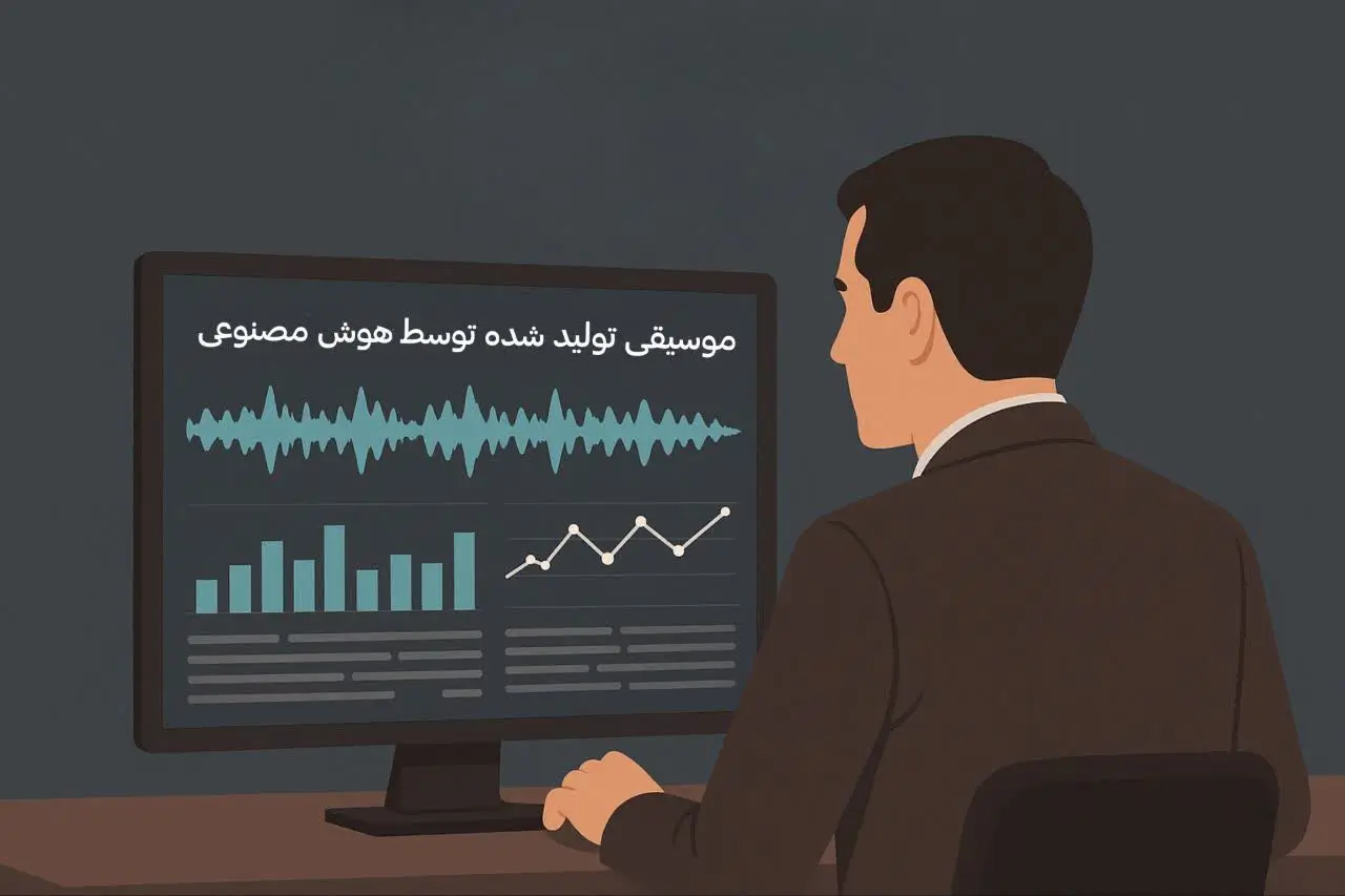 تصویری از کارشناس یا تحلیلگر که در محیط دیجیتال دادههای صوتی AI Music را تحلیل میکند