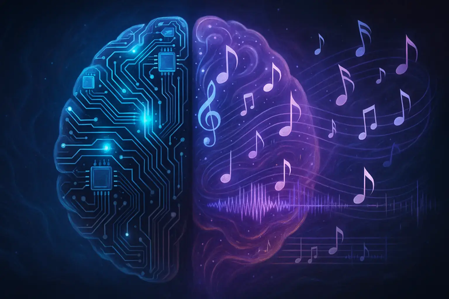 تصویری هنری از ترکیب نتهای موسیقی با مدارهای الکترونیکی یک مغز هوش مصنوعی.