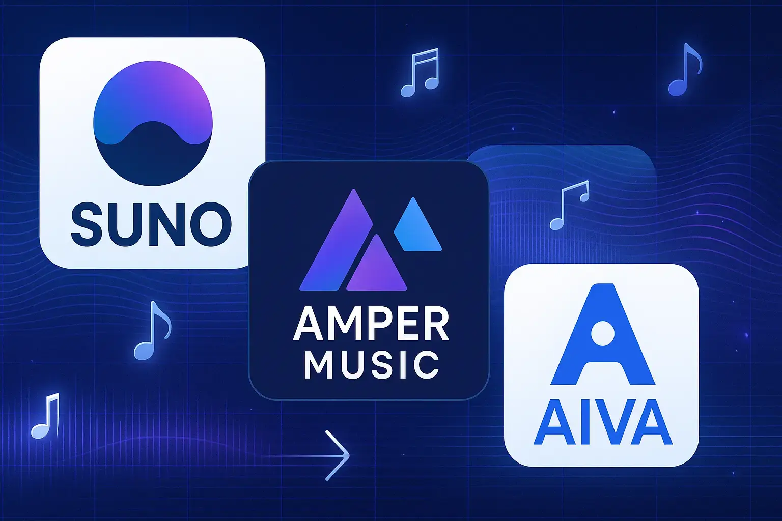 لوگوی ابزارهای معروف موسیقی مبتنی بر AI مانند Suno AI، Amper Music و AIVA