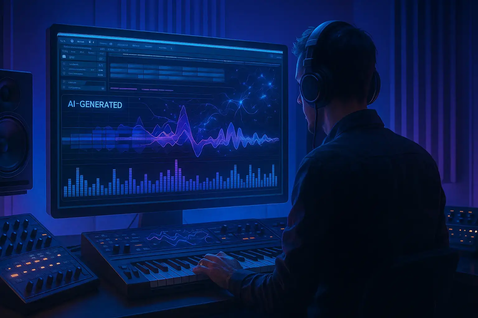 یک آهنگساز در استودیو که با نرمافزار تولید موسیقی مبتنی بر هوش مصنوعی کار میکند.