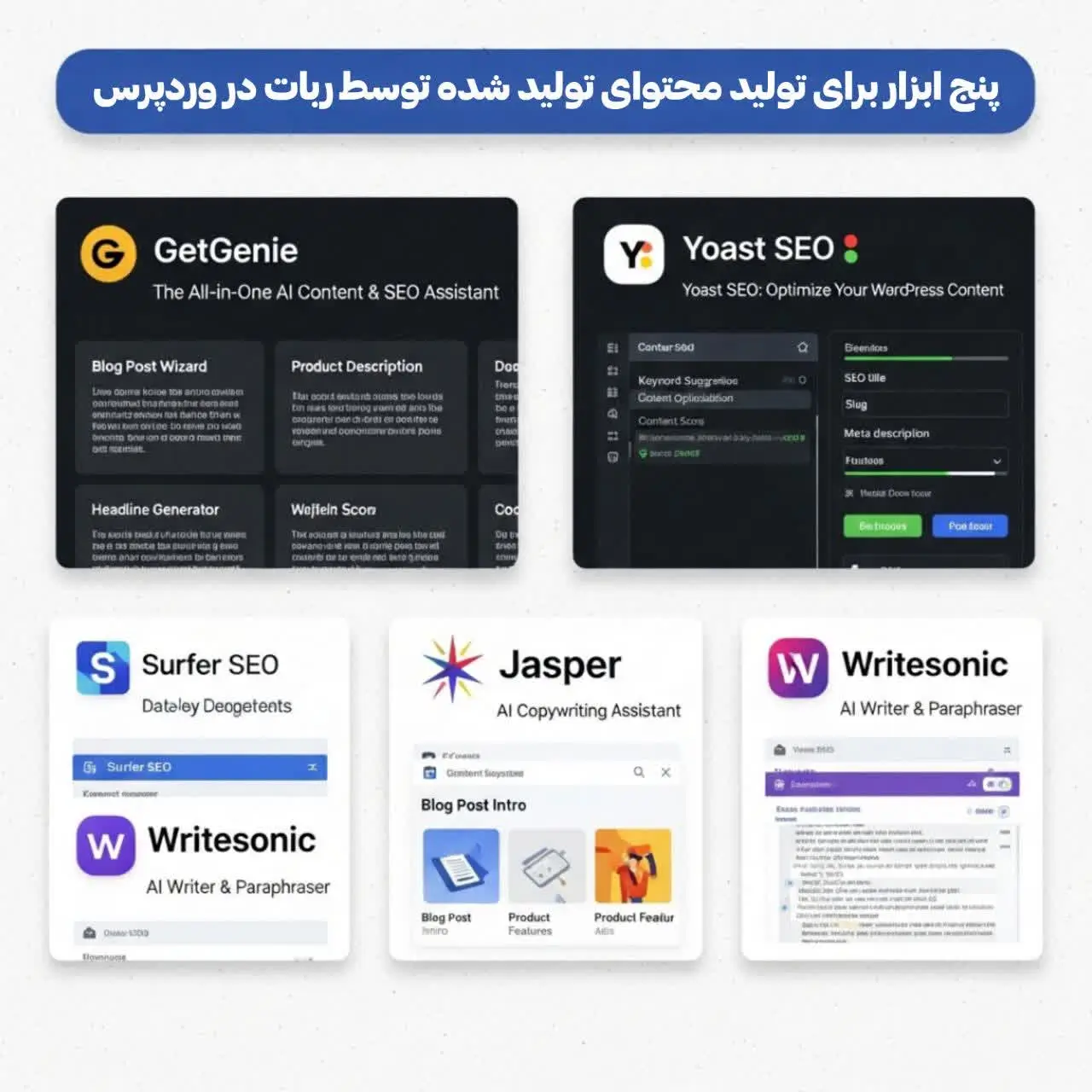نمودار مقایسهای بین افزونههای AiBud، GetGenie، Bertha، Elementor و Yoast SEO Pro
