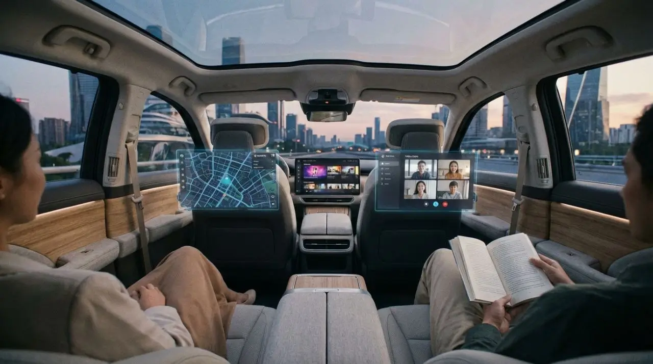 نمایی از داخل کابین یک خودروی خودران سطح ۵ با نمایشگرهای هولوگرافیک و بدون فرمان