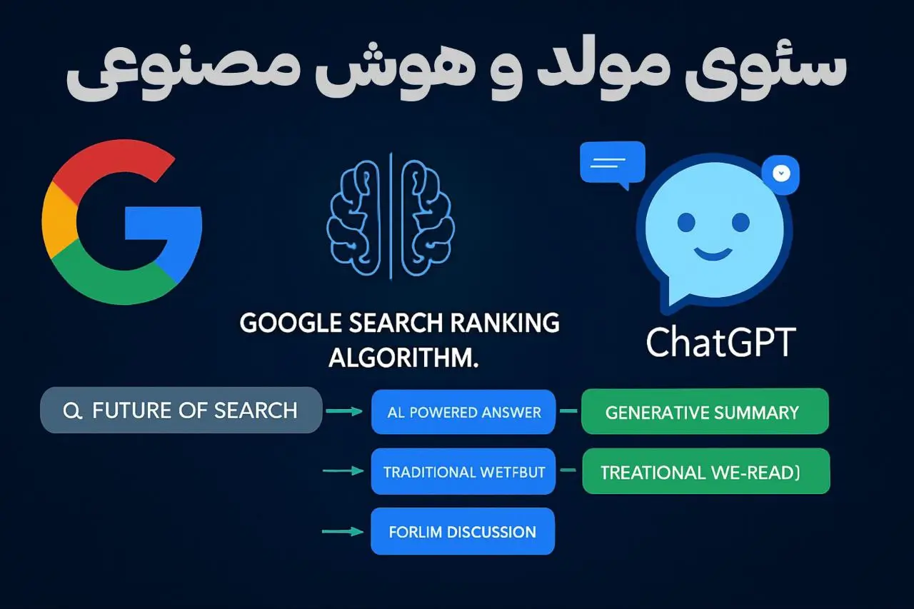 تصویر تعامل الگوریتم گوگل با ChatGPT در نتایج جستجوی هوشمحور مناسب برای تصویرسازی از موتور جستجو و هوش مصنوعی.