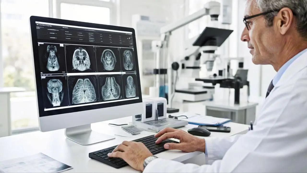 تصویری از یک پزشک که با استفاده از نرمافزار سلامت دیجیتال مبتنی بر هوش مصنوعی، نتایج تصویربرداری بیماران را تحلیل میکند