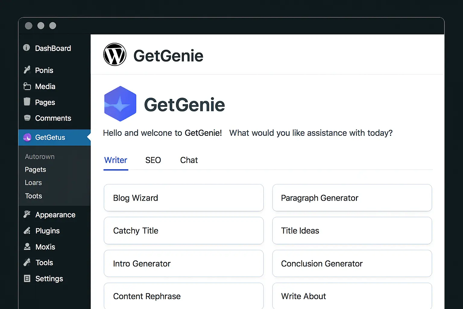 محیط افزونه GetGenie با قابلیت تولید مقاله و تحلیل سئو