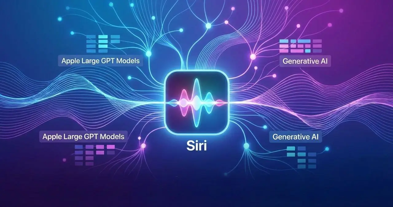 تصویر مفهومی از ادغام دستیار صوتی سیری با مدل‌های زبانی بزرگ GPT و هوش مصنوعی مولد اپل