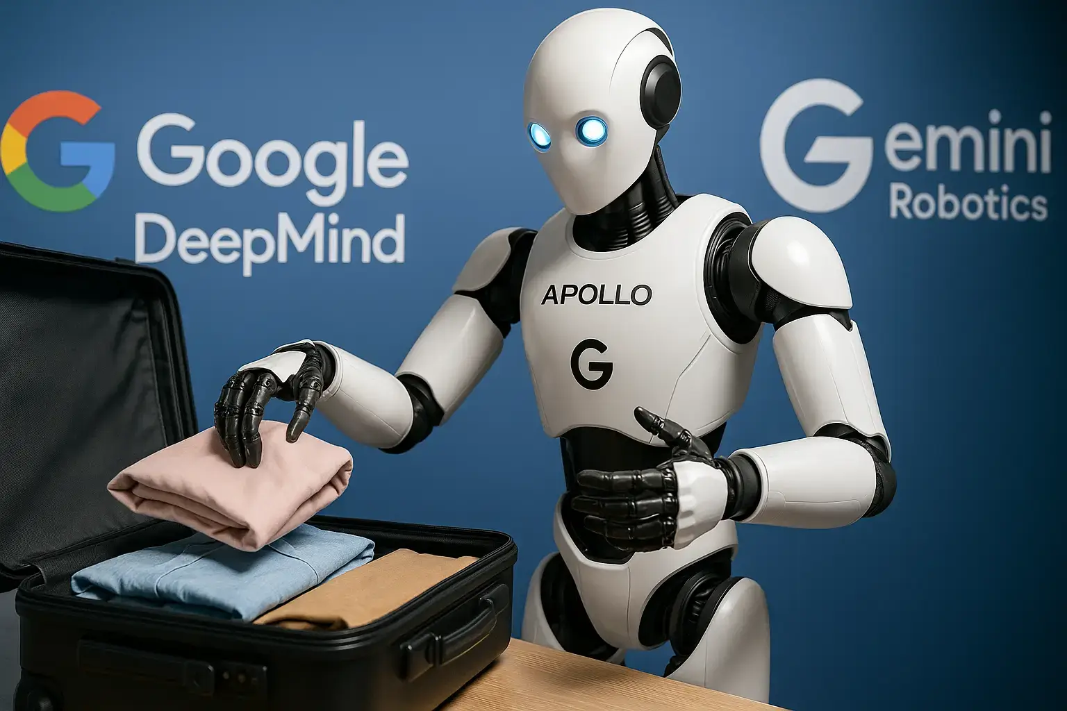 یک ربات انسان‌نمای Apollo در حال بستن چمدان با استفاده از هوش مصنوعی Gemini Robotics که لوگوی گوگل دیپ‌مایند و هوش روز در پس‌زمینه دیده می‌شود.