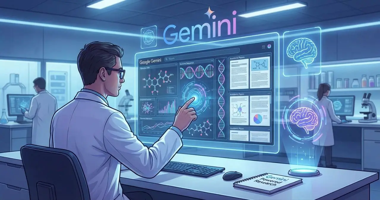پژوهشگر در حال استفاده از هوش مصنوعی گوگل جمینای (Google Gemini) برای تحلیل دادههای پیچیده علمی و تحقیقات دانشگاهی در آزمایشگاه