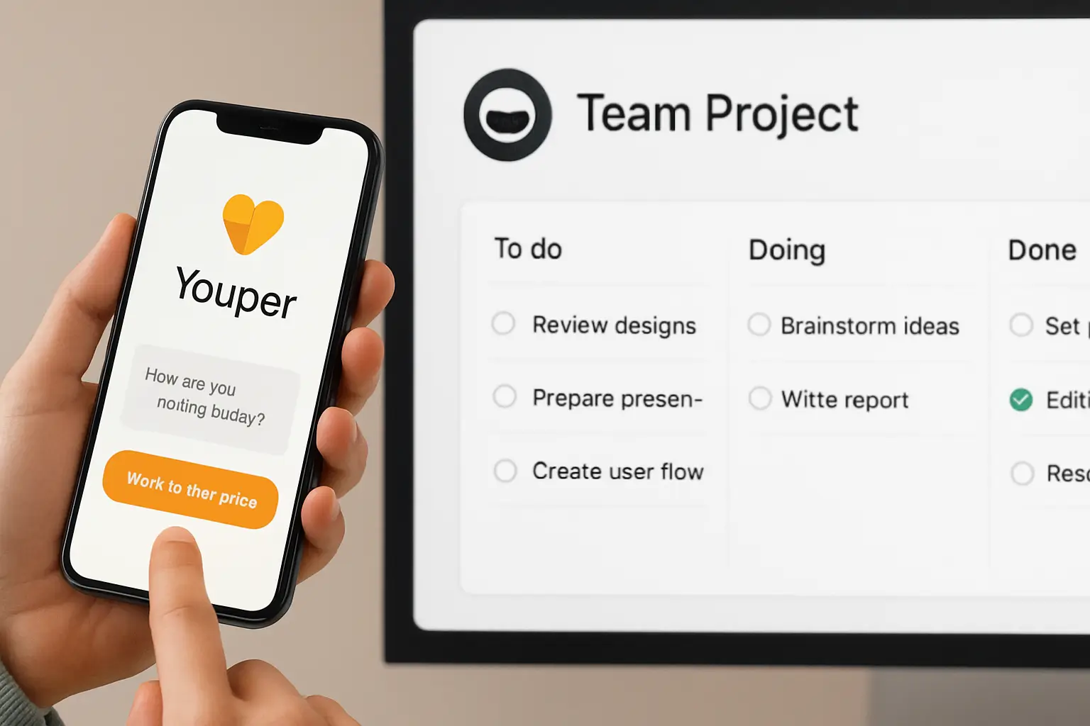 تصویری ترکیبی: یک سوژه در حال تعامل با یک اپلیکیشن سلامت روان در موبایل (نماد Youper) و در کنار آن، یک داشبورد مدیریت پروژه تیمی با نشانگرهای AI Agents (نماد Taskade)