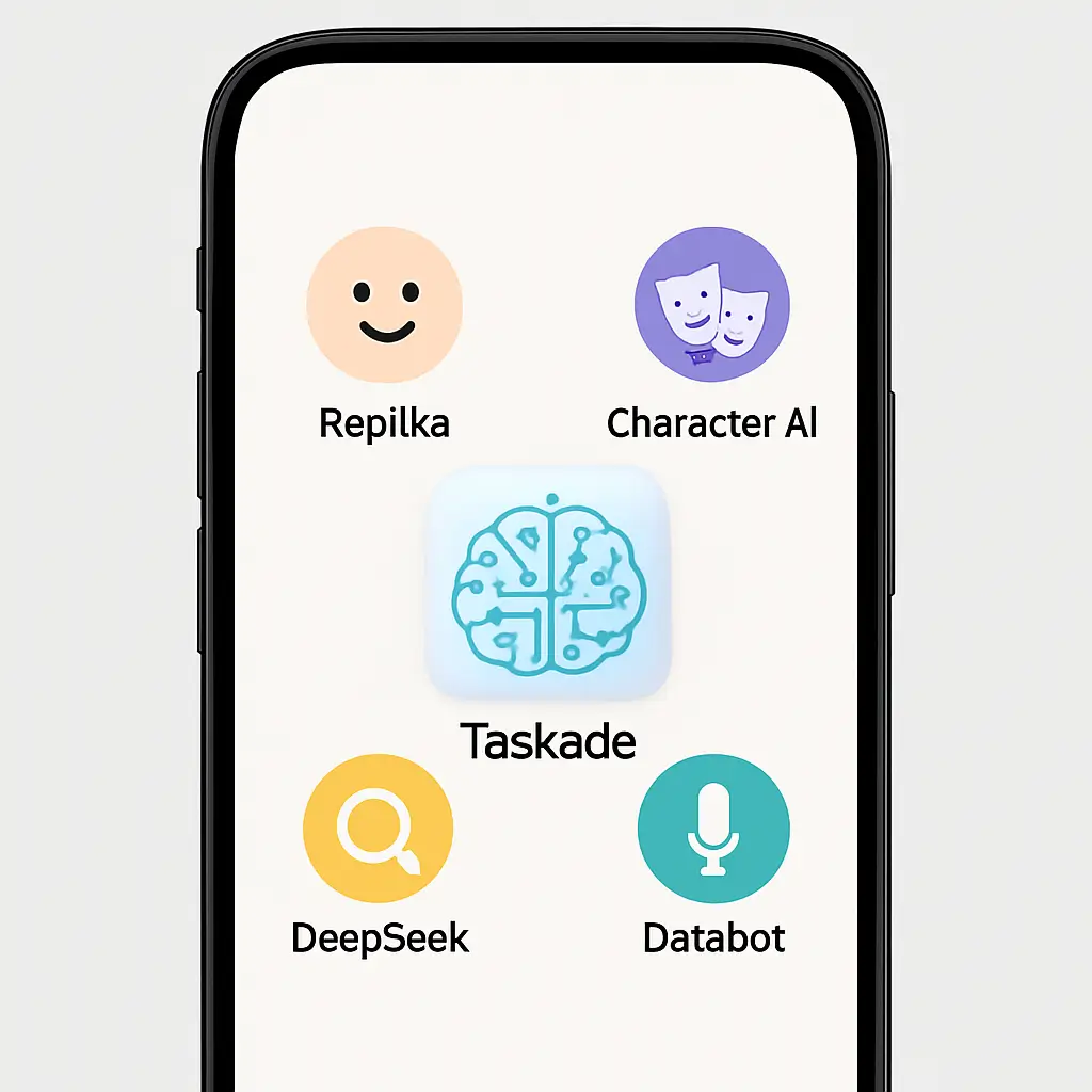 نمای صفحه موبایل با نماد مرکزی Taskade (مدیریت پروژه با AI Agents) و آیکون‌های کوچکتر Replika، Character AI، DataBot و DeepSeek در اطراف