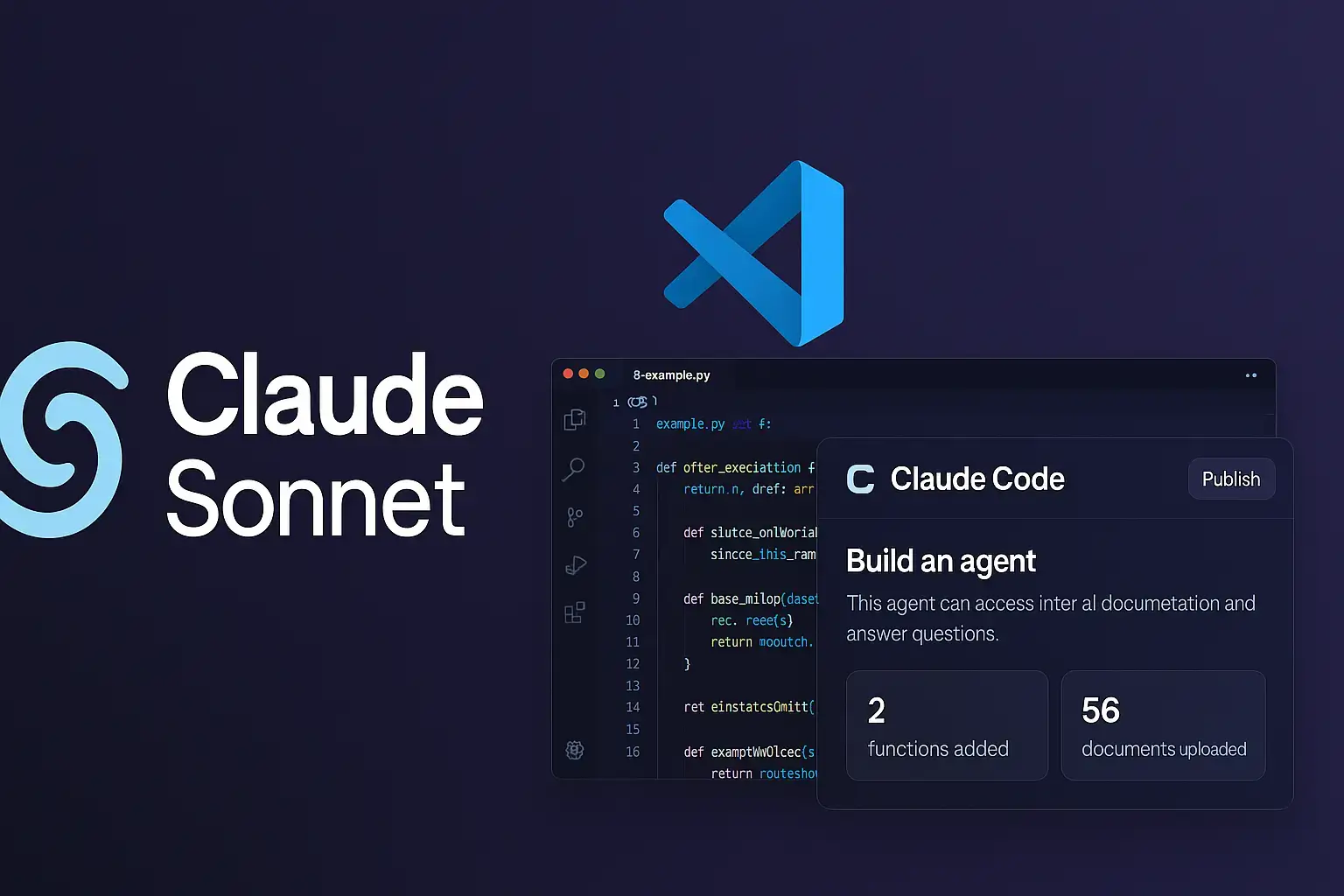 تصویر گرافیکی از لوگوی مدل Claude Sonnet 4.5 در کنار محیط VS Code و داشبورد Claude Code که نشاندهنده قابلیتهای جدید کدنویسی و ساخت ایجنت است.