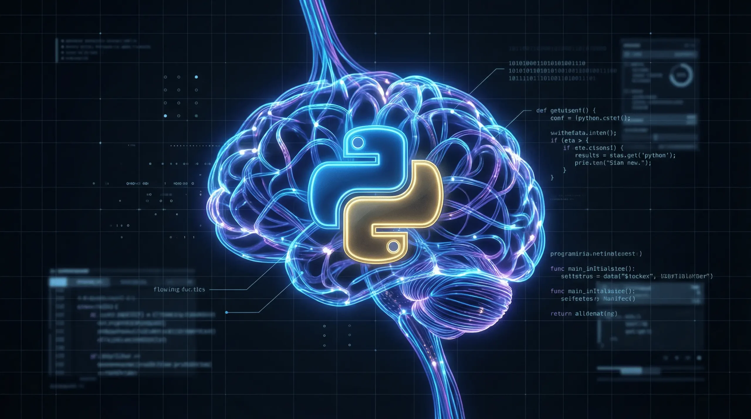 تصویر دیجیتال یک مغز انسان با مسیرهای عصبی نورانی و لوگوی پایتون در مرکز، در پسزمینهای شامل شبکه داده و کدهای برنامهنویسی
