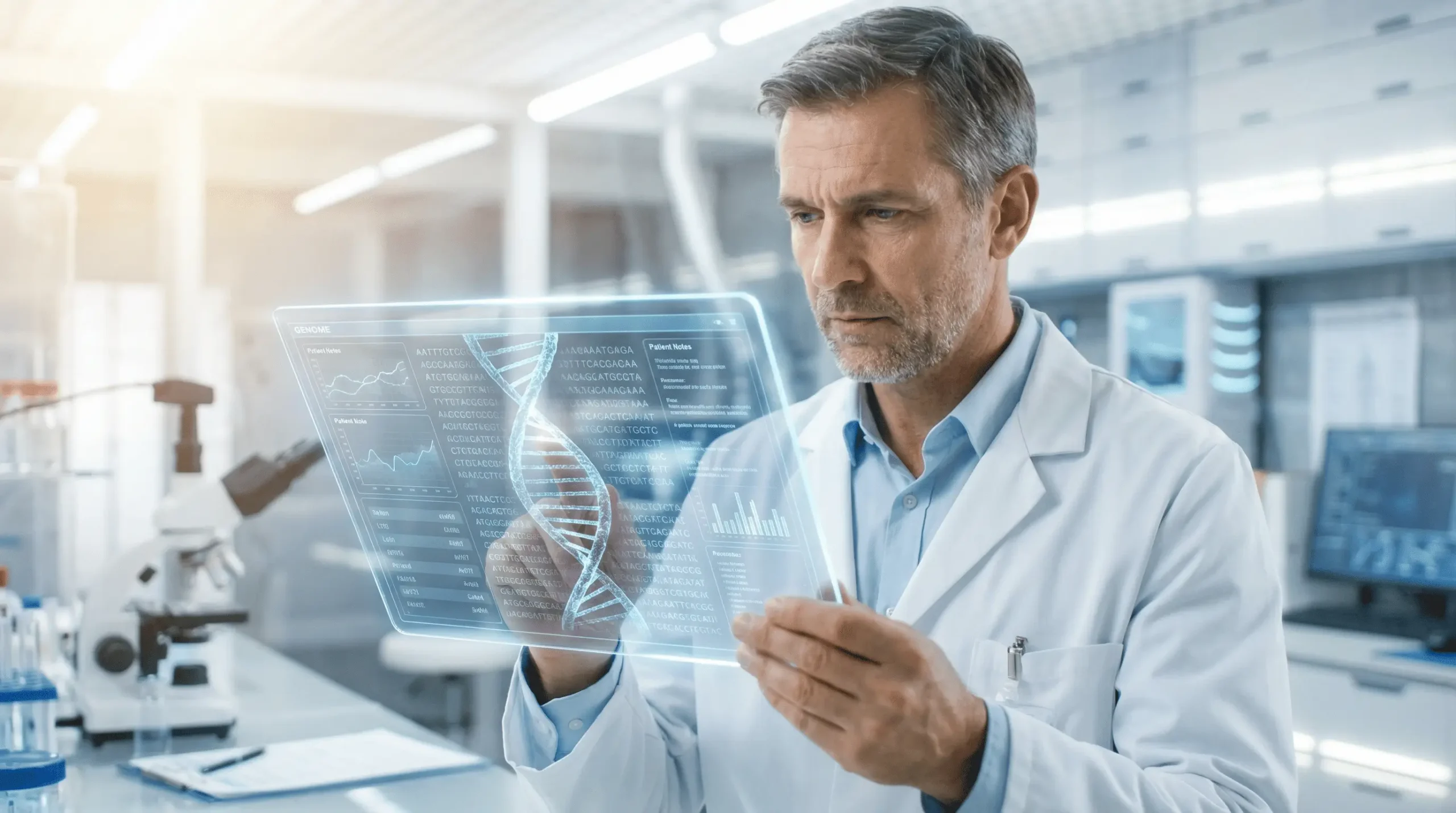 پزشکی با روپوش سفید در حال بررسی دادههای ژنوم و ساختار سهبعدی DNA یک بیمار روی یک تبلت شفاف و آیندهنگرانه است