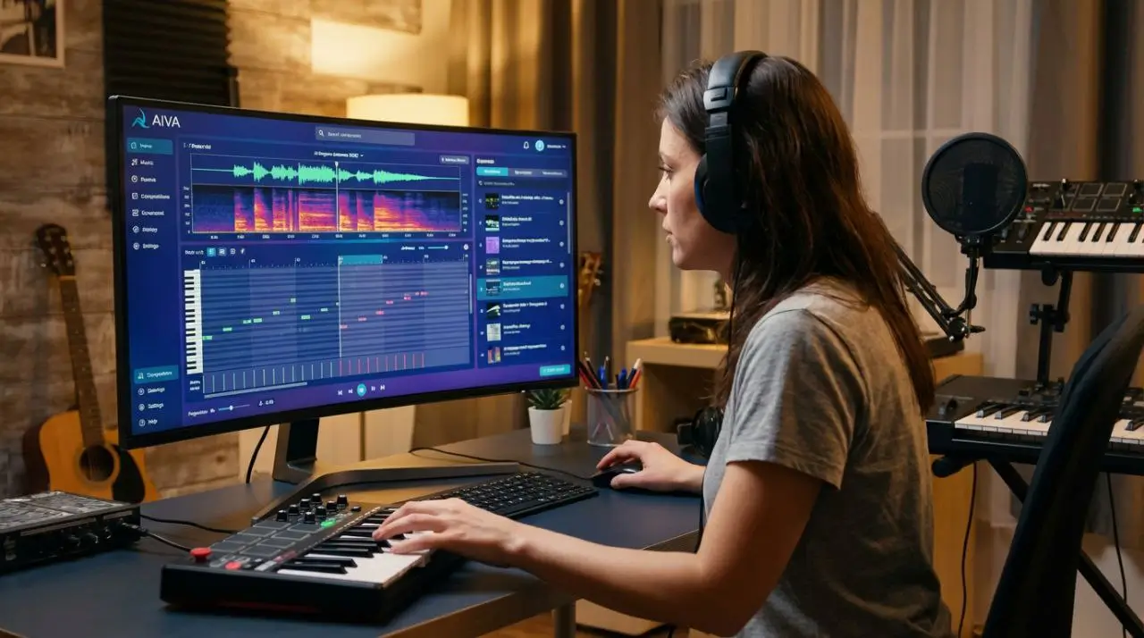 یک موسیقیدان در استودیوی خود در حال همکاری با رابط کاربری یک ابزار هوش مصنوعی برای آهنگسازی و تنظیم موسیقی