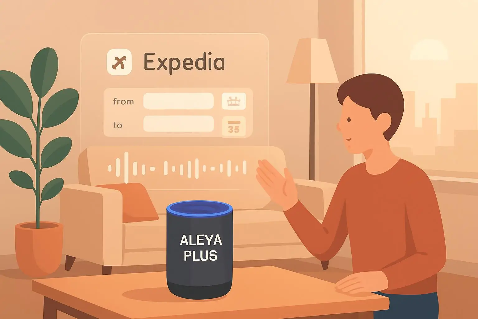 شخصی که با الکسا پلاس صحبت میکند تا از طریق یکپارچهسازی اکسپدیا، پروازی را رزرو کند