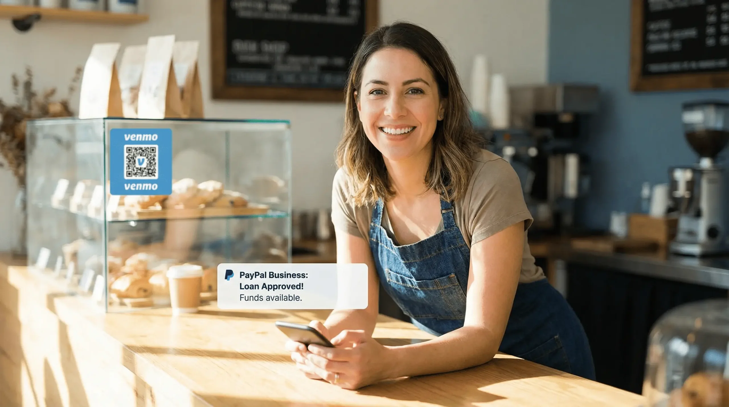 صاحب کسبوکار کوچک در حال دریافت تاییدیه وام از طریق بانک پیپال