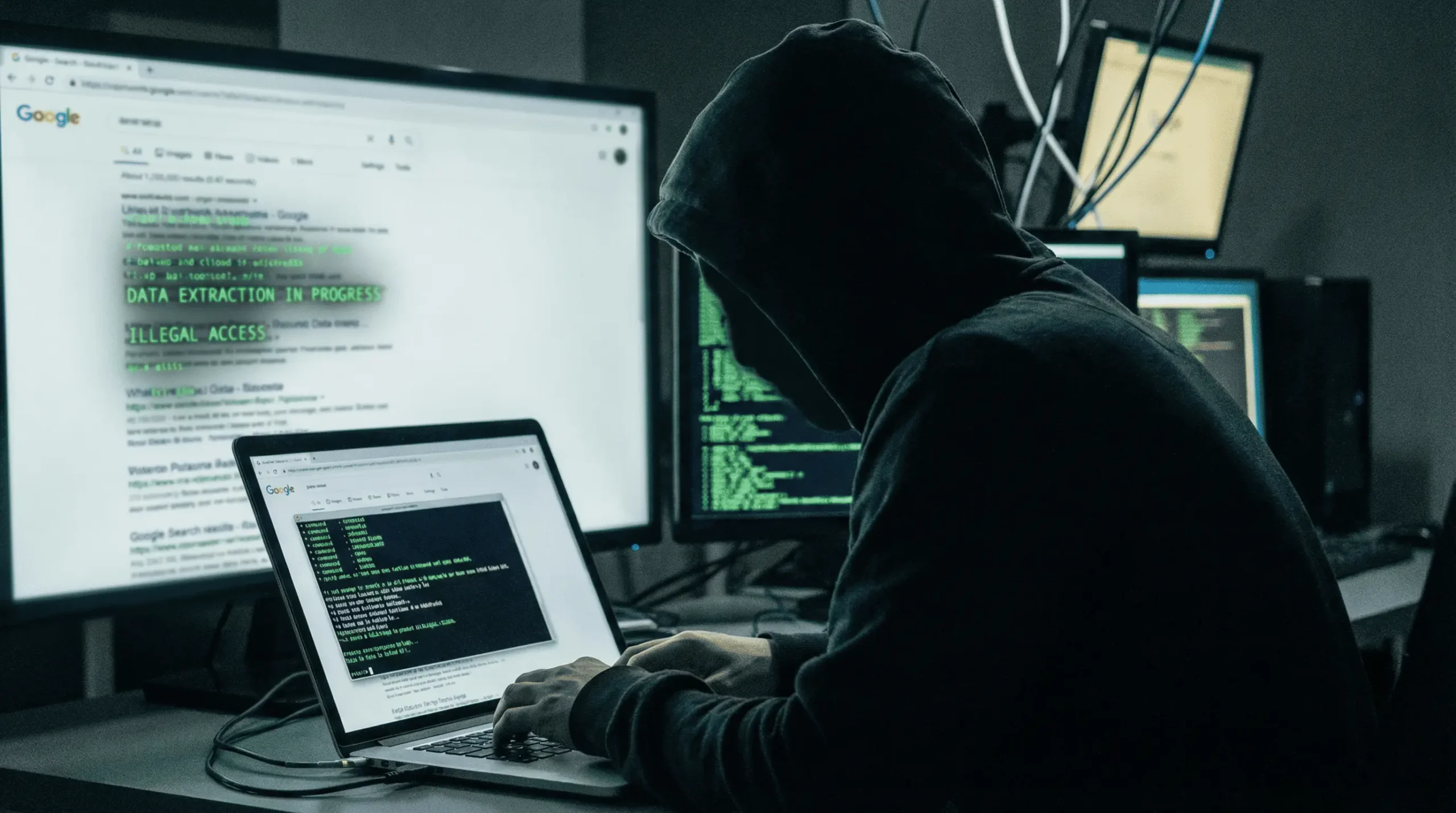 تصویر یک هکر ناشناس که در حال استخراج غیرقانونی داده از صفحه نتایج جستجوی گوگل است
