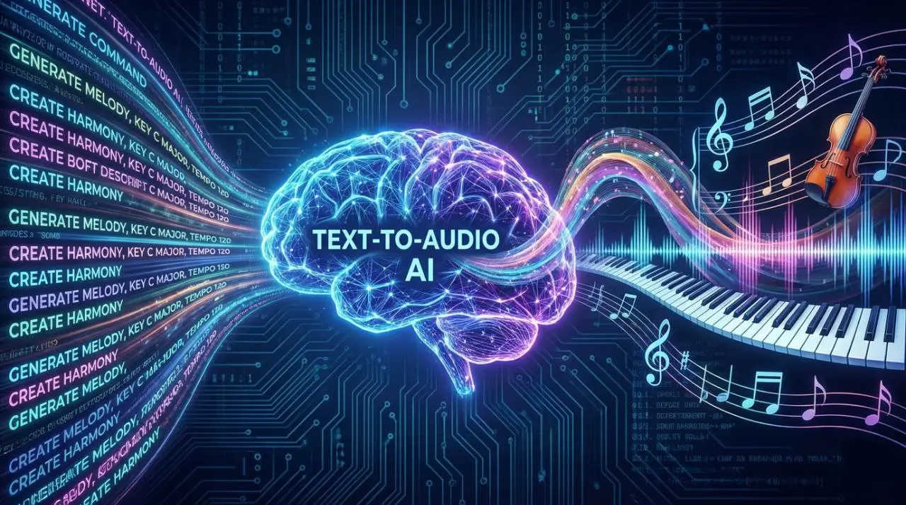 نمایش بصری فرآیند تبدیل کلمات و دستورات متنی به امواج صوتی و ملودی توسط هوش مصنوعی