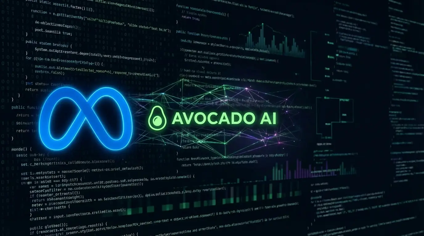 تصویر مفهومی از لوگوی متا در کنار یک مغز دیجیتالی که نماد هوش مصنوعی جدید «آووکادو» است و در پس‌زمینه کدهای برنامه‌نویسی دیده می‌شود