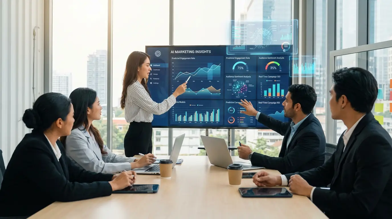 تصویر تیم بازاریابی در حال تحلیل داده با کمک AI